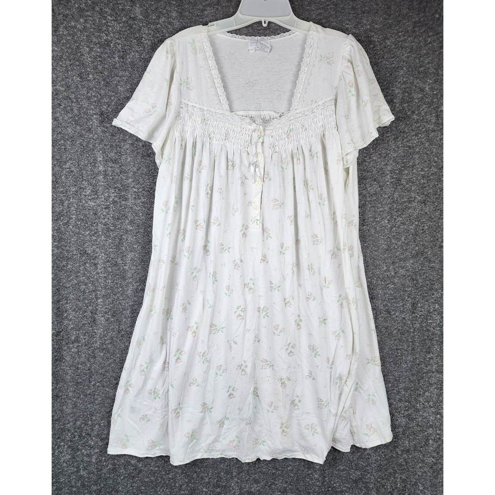 Heavenly Bodies Nightgown Womens L 75396 White Floral Lace Smocked EUC